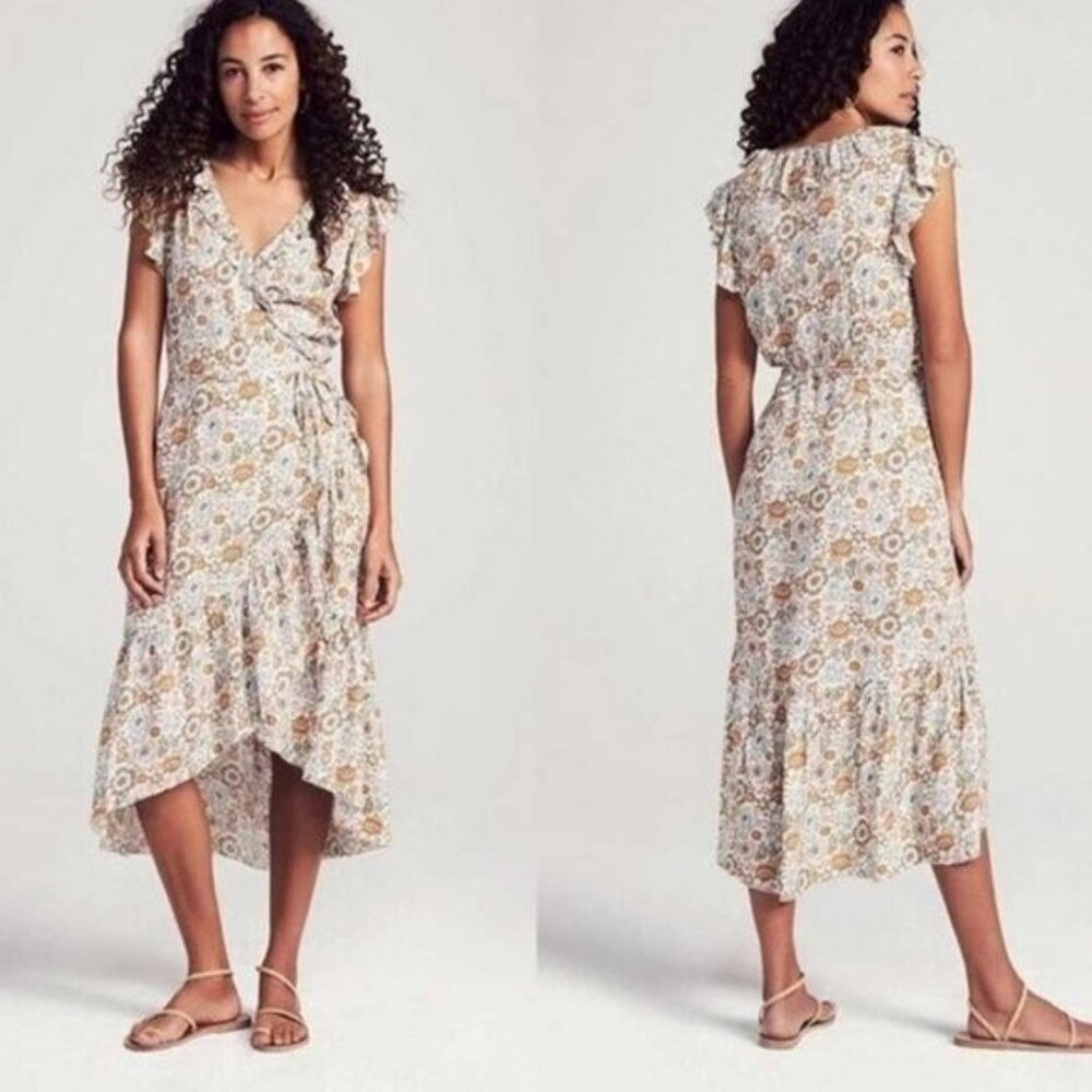 FAHERTY Carmen Floral Ruffle Wrap Midi Dress - Size Medium